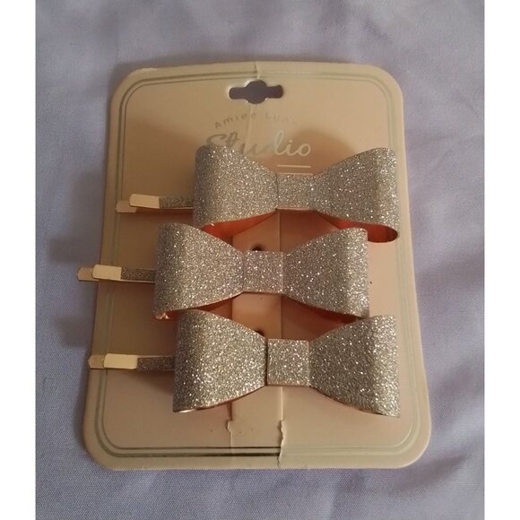 Aimee Lynn Studio Glitter Bow Hair Clips Bobby Pins Set Of 3 Sparkling Gold - Picture 1 of 2